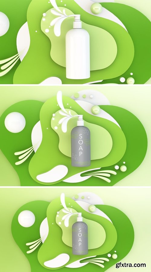 Soap liquid bottle mockup with abstract shapes
