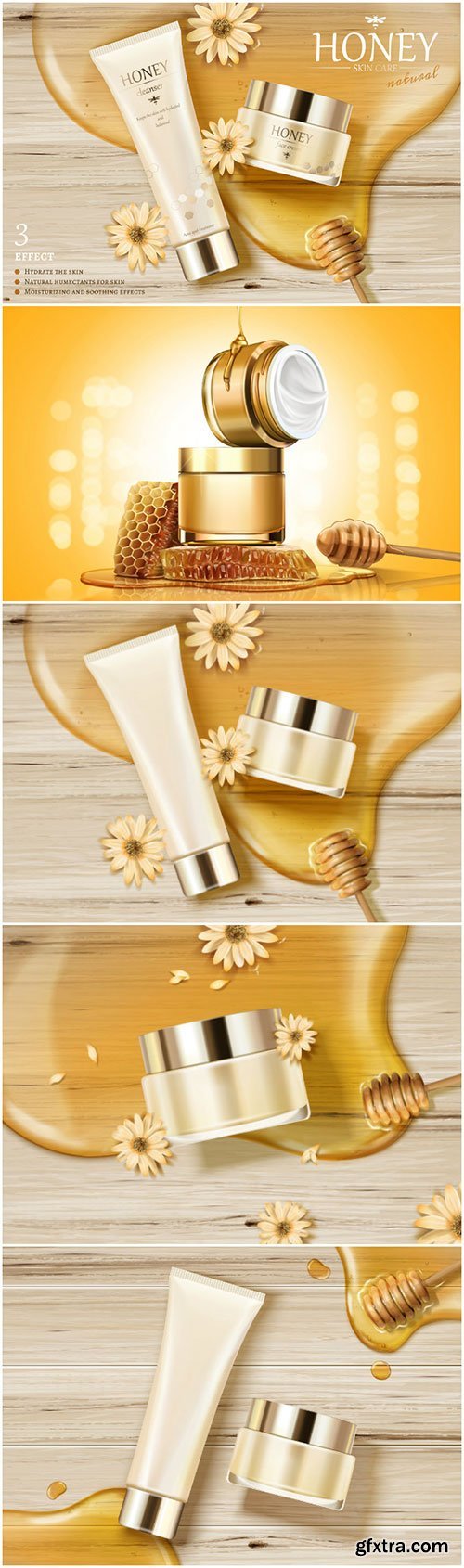 Honey skin care ads with golden color syrupin 3d vector illustration
