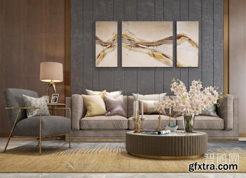 Modern three-seat sofa coffee table floral 3D model