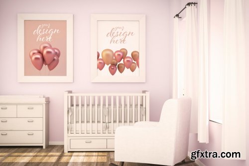 Two blank frames on pink baby room mockup