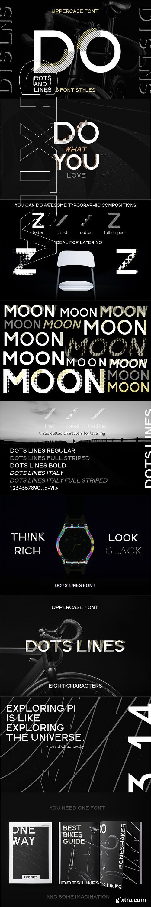 Dots Lines Display font, 8 styles