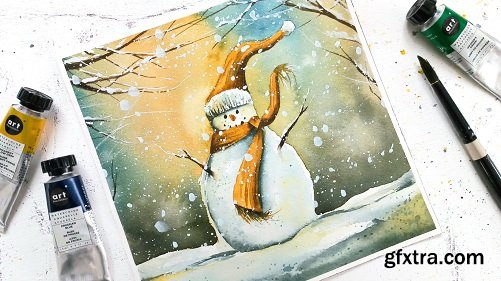 Watercolor Winter : Painting Whites with a Magical Snowman Landscape