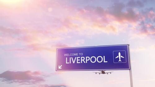 Videohive - Liverpool City Sign Plane Landing in Daylight - 35094996