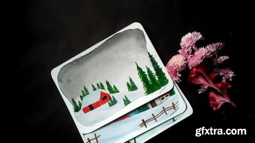 Christmas Cabin in watercolor