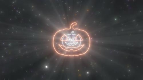 Videohive - Spooky Pumpkin Halloween Shape Neon Lights Tunnel Moving in Night Sky - 4K - 35156848