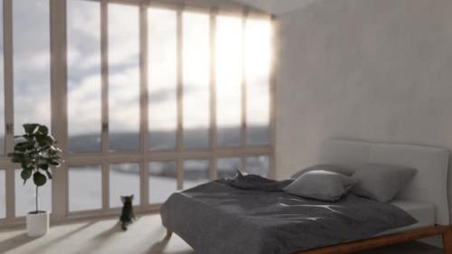 Videohive - DEFOCUSED LOOPED BACKGROUND Empty Bed in Modern Interior at Sunrise - 35249453