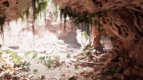 Videohive - Inside a Limestone Cave with Plants and Sun Shine - 35250998