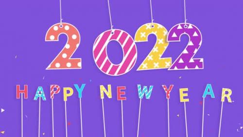 Videohive - Numbers 2022 bouncing on the ropes with happy new year text and colorful confetti - 35330554