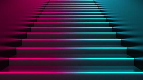 Videohive - Escalator with neon lights Abstract background with rolling stairs LOOP - 25225251