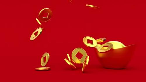 Videohive - Falling Chinese lucky golden 3d coins on the ingot. - 30336447