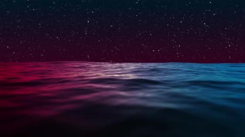 Videohive - Beautiful Ocean Under Blue And Red Night Sky Reflections With Falling Stars Loop 4k - 30636509