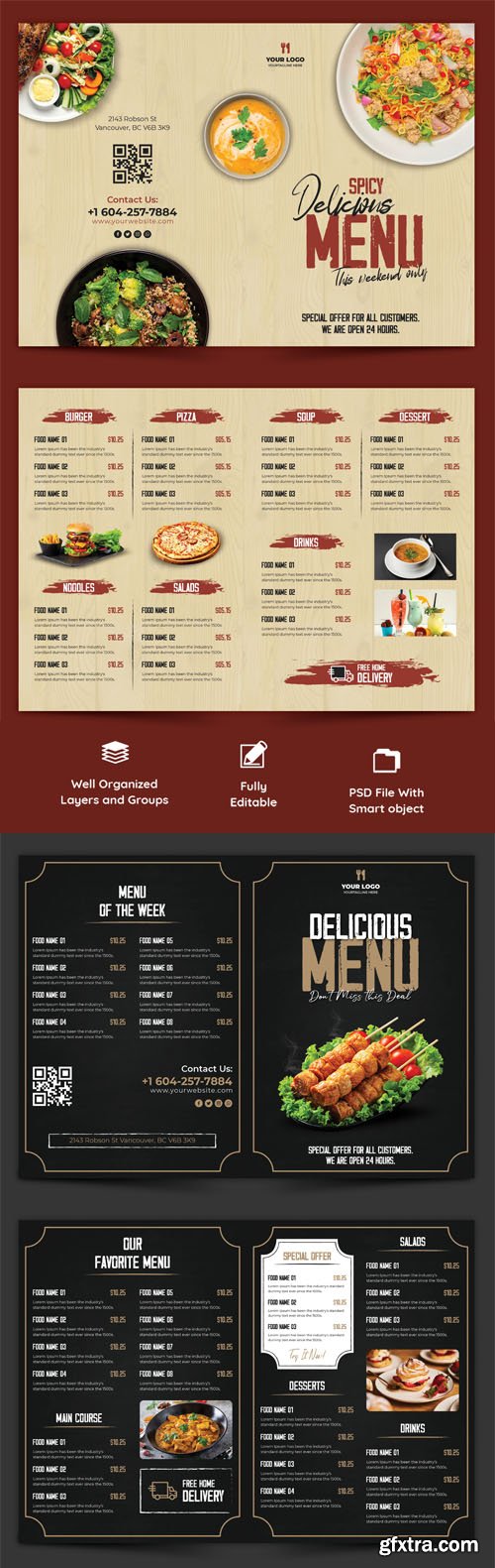 Restaurant Menu Bi-Fold Brochures Collection Vol.3 - 6 PSD Templates