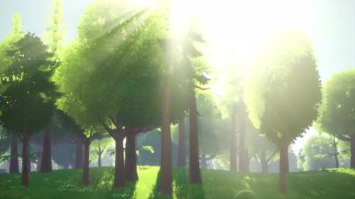 Videohive - Cartoon Green Forest Landscape with Trees and Flowers - 35495916