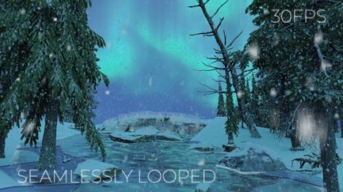 Videohive - Northern Lights Above Winter Forest River - 35417287