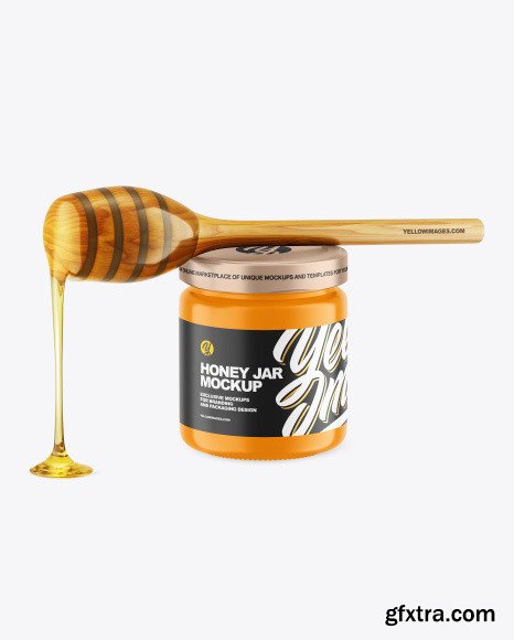 Glossy Honey Jar w/ Wooden Dipper Mockup 85664
