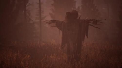 Videohive - Terrible Scarecrow in Dark Cloak and Dirty Hat Stands Alone in Autumn Field - 35537351