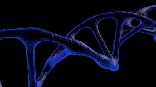 Videohive - DNA Gene molecule covered in blue and black color with black background and particles rotates - 34108786