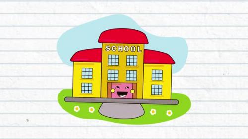 Videohive - Animation of a school with a smile on blue lines on a white background - 35624238