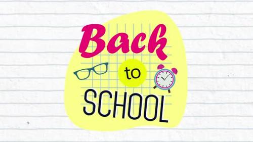 Videohive - Animation of Back to School written in pink and black on a yellow form on white background - 35624302