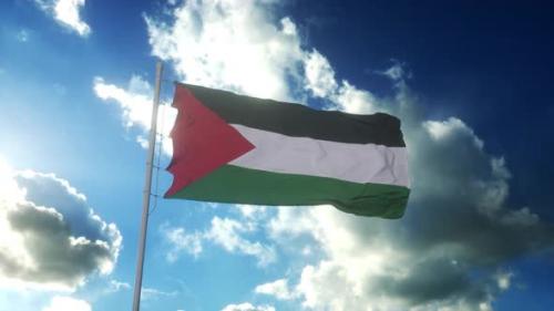 Videohive - Flag of Palestine waving at wind against beautiful blue sky - 35640602