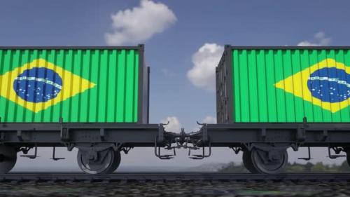 Videohive - Containers with the flag of Brazil. Railway transportation - 35640604