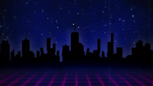 Videohive - Pink squared floor moving over dark city against blue universe background 4k - 35623527