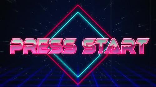 Videohive - Retro Press Start text glitching over blue and red squares on white hyperspace effect - 35623099