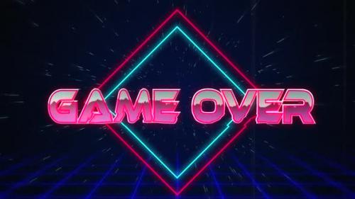 Videohive - Retro Game over text glitching over blue and red triangles 4k - 35623478