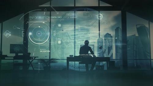 Videohive - Silhouette Of A Man Working In The Office And Infographics 4K - 35829579
