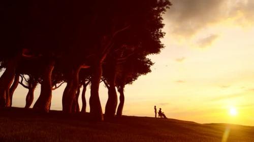 Videohive - Disabled Man in Wheelchair at Sunset Landscape and Young Daughter Helping Him - 35804227