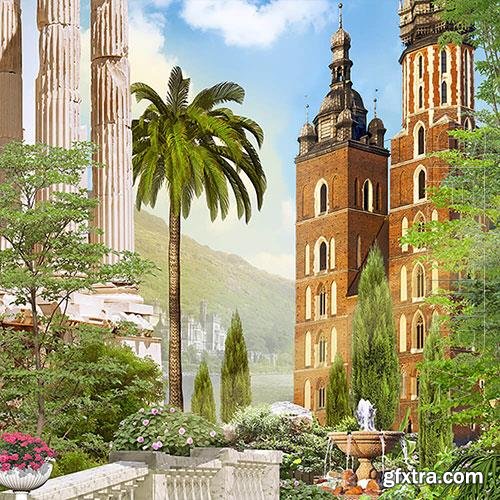 3D texture ancient buildings and palm trees with flowers