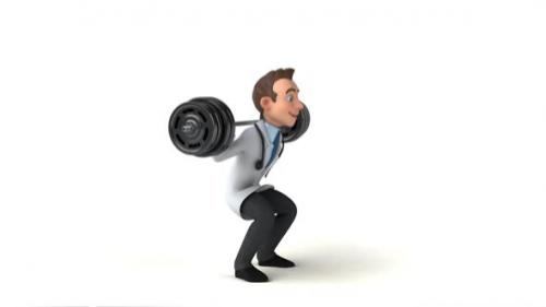 Videohive - 3D cartoon doctor doing squats - 35920095