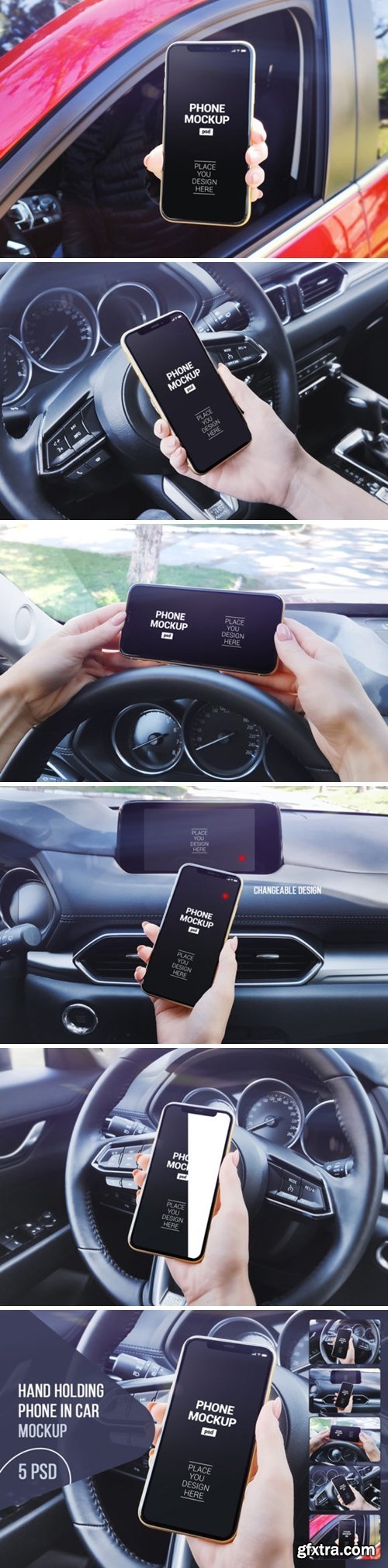 Hand Holding Phone in Car Mockup