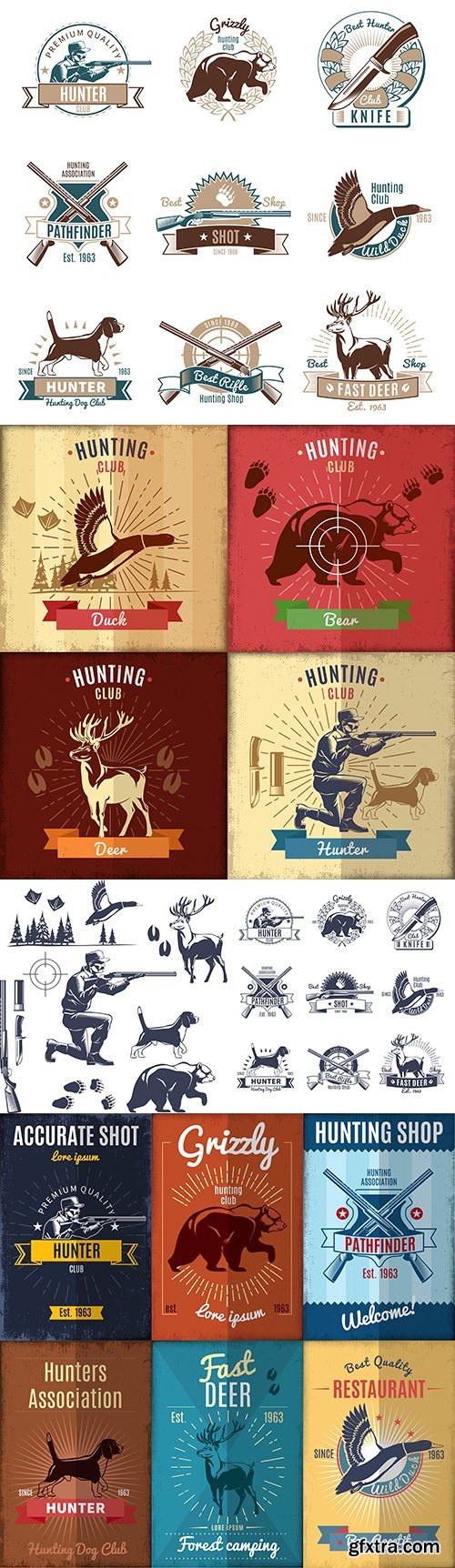 Hunting wild animals and birds design emblem and logo club vintage