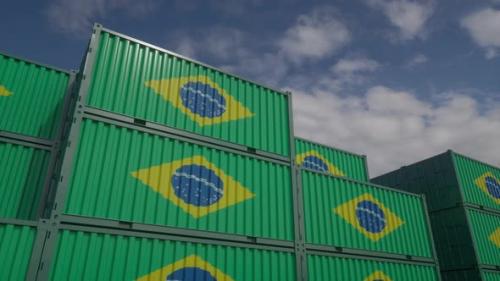Videohive - Brazil Flag Containers are Located at the Container Terminal - 35984224