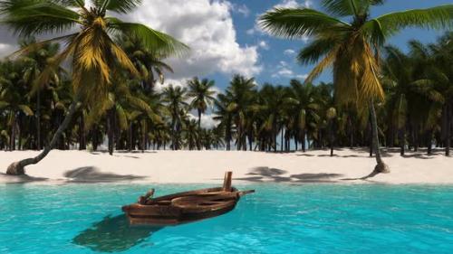 Videohive - Tropical beach with palm trees and a boat on the sea. Exotic vacation at sea. - 36067612