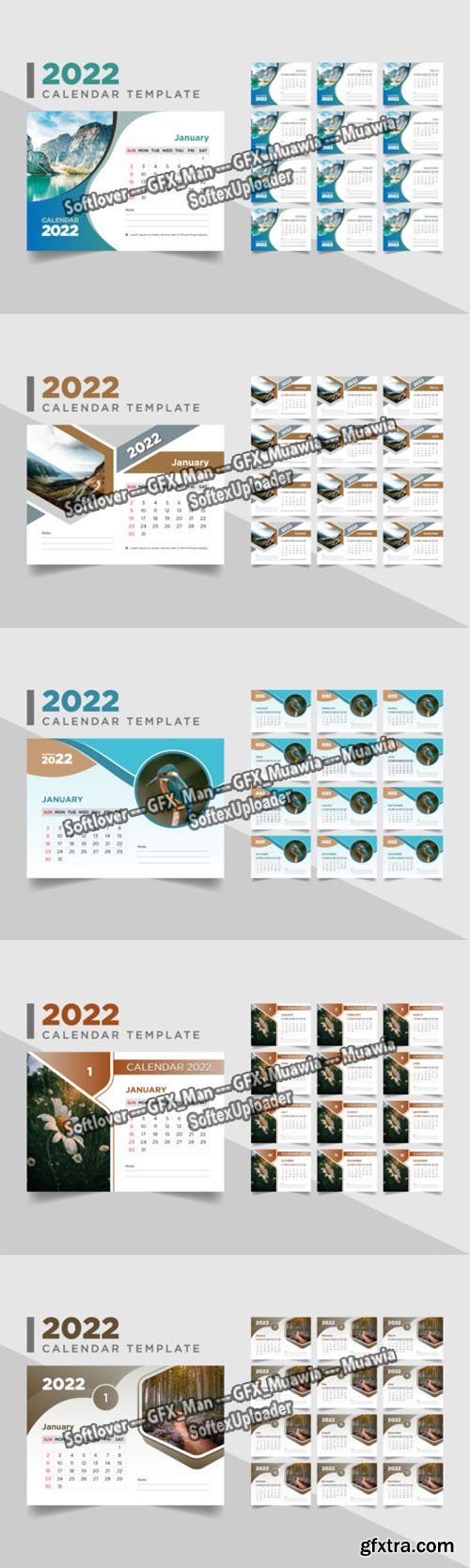 5 Desk Calendars for 2022 Vector Templates Collection [12-Months]