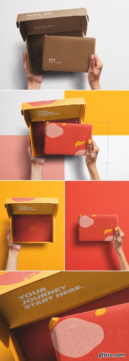 Hands Holding Opened Postal Box and Package Mockup 397869983