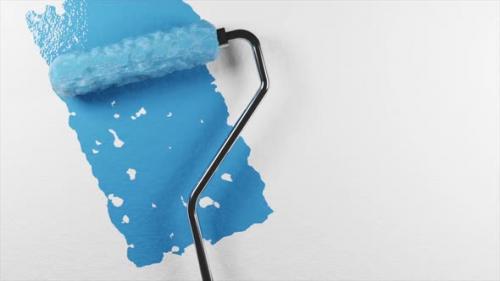 Videohive - A paint roller with a chrome handle rolls blue paint onto a white wall. Render - 36267995