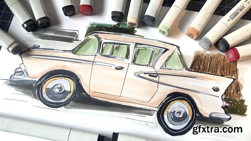 Start Urban Sketching And Draw A Vintage Car Using Professional Markers!