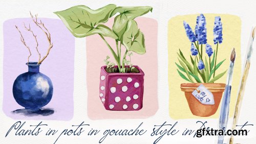 Gouache Plants in Pots in Procreate - Digital Floral Illustration + free brushes