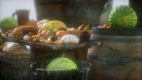 Videohive - Food Table with Wine Barrels and Some Fruits Vegetables and Bread - 36404555