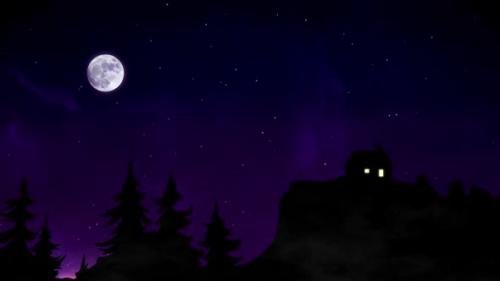 Videohive - Night Starry Sky Star With Moon, Home Light, Tree - 36458987