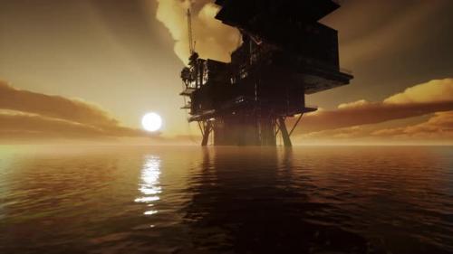Videohive - Old Oil Platform During Sunset in Ocean - 36426463