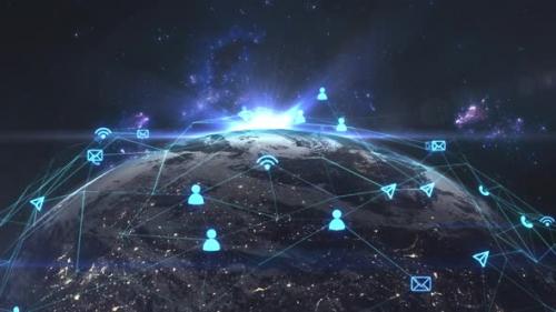 Videohive - Animation of a global network with wi fi icons, people, messages around the planet and interconnecte - 36738552