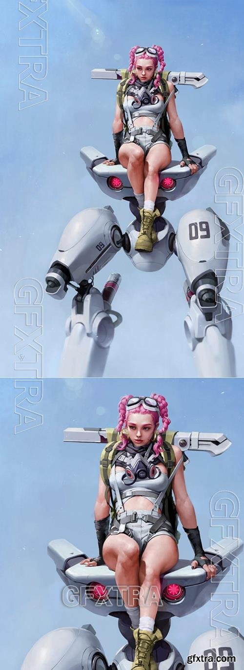 Cyberpunk girl and Robot 3D