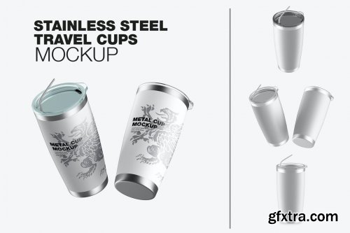 Set of Stainless Steel Travel Cups Mockup