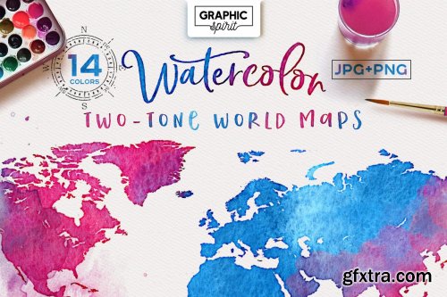 CreativeMarket - Watercolor Maps - TWO-TONE PACK 3014962