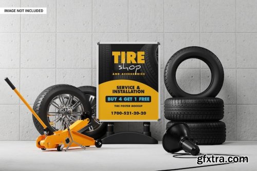 Advertising stand with tires and wheels mockup