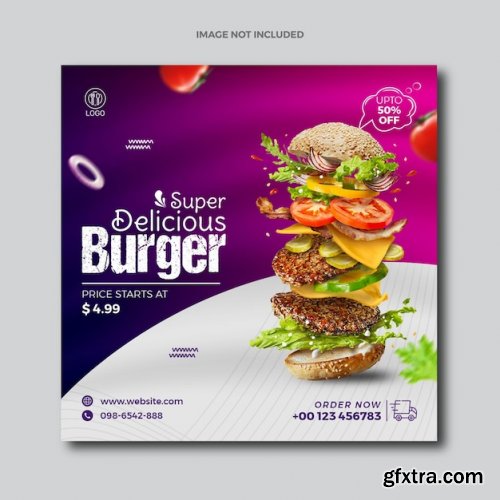 Food menu burger restaurent social media post for instagram and squire advertising web banner